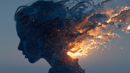 Surreal double exposure of woman profile blending with fiery sparks and smoke, evoking sense of transformation and energy