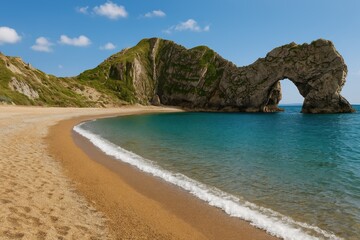 Fototapeta premium Seaside scene featuring a natural rock formation arching over the bay