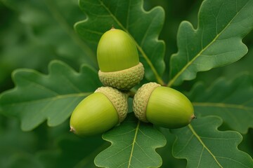 Detailed view of green acorns