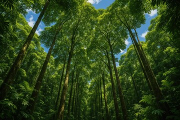 Obraz premium A vibrant forest with towering trees creating a lush green roof overhead