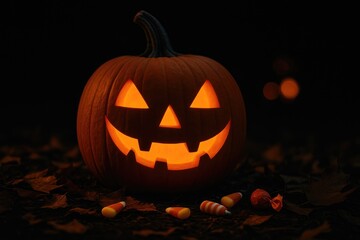 A cheerful pumpkin illuminated against the Halloween night sky