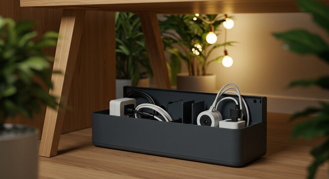 Organized cable management box under a wooden desk with indoor plants and string lights