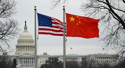 Flags of China and United States of America with the Capitol Building