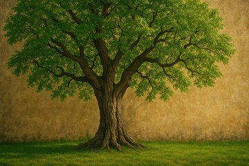 Fototapeta premium An ancient large tree grows beside a wall
