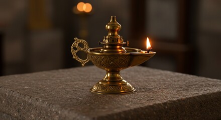 Ornate Brass Oil Lamp with Burning Flame on Stone Surface, Soft Bokeh Background