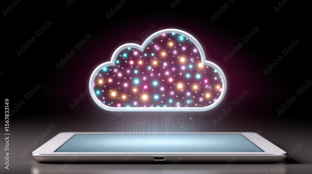 Poster cloud computing concept with glowing colorful dots inside cloud shape above tablet screen showing ai