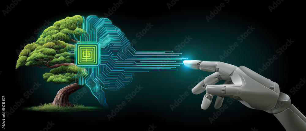 Poster artificial intelligence agent concept with robotic hand touching digital brain and tree symbolizing 