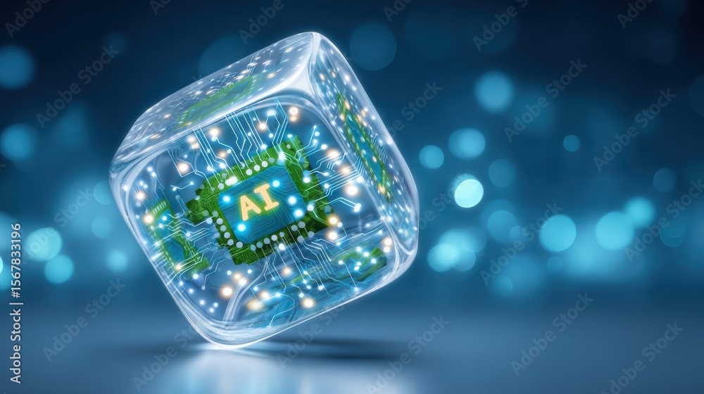 Poster artificial intelligence chip inside transparent cube glowing with digital circuit and ai agent conce