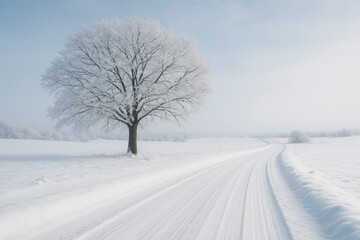 Fototapeta premium A snow-covered road with a solitary tree