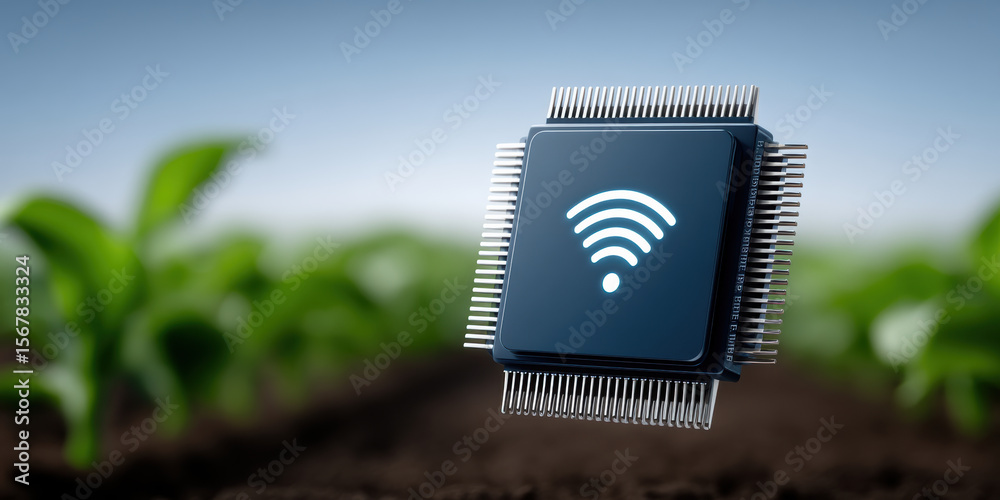 Poster futuristic ai agent microchip with wireless signal icon floats above soil symbolizing smart technolo