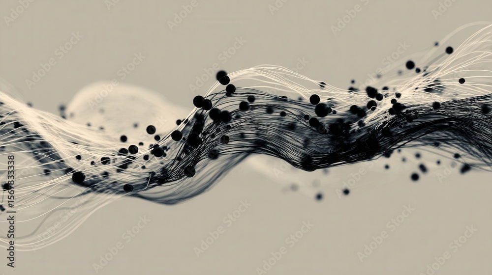 Wall mural abstract waves of black and white with floating particles and lines