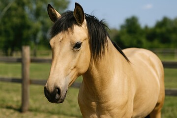 Obraz premium Close-up of a beige horse on a rustic ranch scene