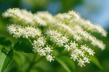 Fototapeta premium Close-up of Black Elderberries Blossoms from Various Angles in Bright Sunlight