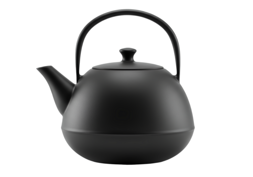 A sleek black teapot with a curved handle isolated on transparent background