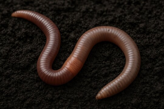 Detailed close-up of a large, vibrant earthworm in dark soil