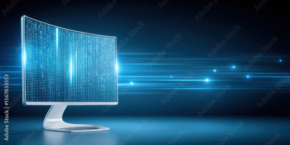 Poster curved computer monitor with blue digital code and light streaks representing ai agent technology in