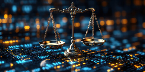 Law scales on background of data center. Digital law concept of duality of Judiciary, Jurisprudence and Justice and data in the modern world. Copy space