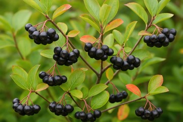 Decorative and edible Aronia shrub with clusters of tart berries