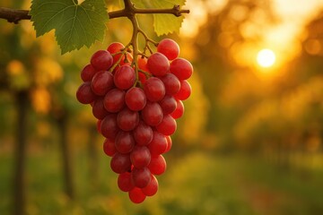 Vibrant natural red seedless grapes glowing at sunset