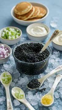 Black caviar in a glass bowl on ice with blinis and accompaniments. Gourmet appetizer spread for a luxurious meal. Seafood delicacy.