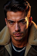 Brooding gaze from handsome man leather jacket