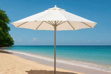 A massive white umbrella positioned against a beach backdrop