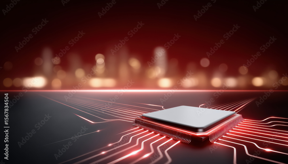 Poster futuristic ai agent concept with glowing microchip and red circuit lines symbolizing advanced techno