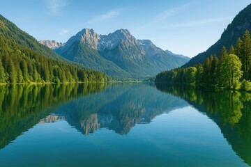 Fototapeta premium Stunning sunrise over a serene mountain lake in the Alps
