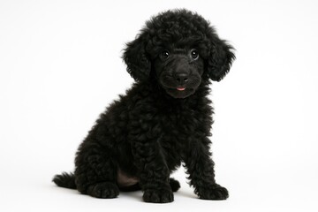 White background featuring a black Poodle puppy