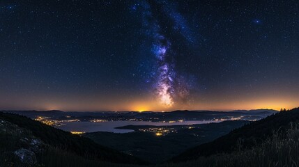 Fototapeta premium Majestic Milky Way arches over a serene landscape at night