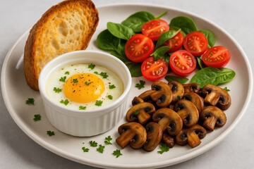 Savory breakfast with baked eggs, sautâˆšÂ©ed mushrooms, and cherry tomatoes
