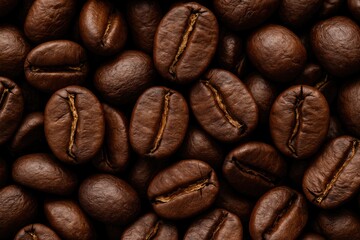 Obraz premium Detailed studio close-up of newly roasted espresso beans from a top-down perspective