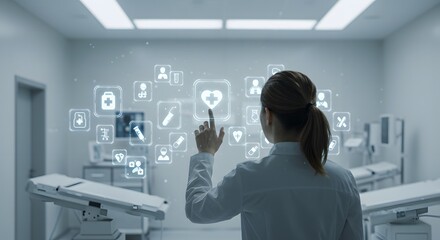 Doctor Interacting with Medical Icons in Modern Operating Room