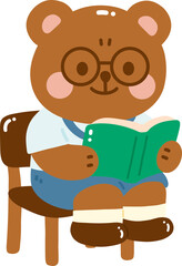 Cute bear character wearing glasses, sitting on chair and reading book. bear has friendly expression, showcasing love for reading and learning