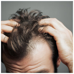 Fototapeta premium Man losing hair touching his head with hands on gray background