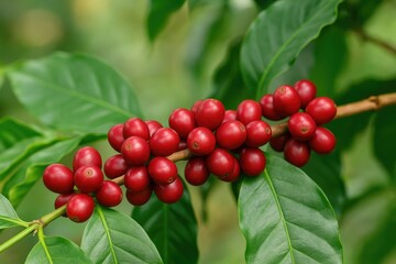 Obraz premium Detailed view of vibrant red coffee cherries hanging on the branch