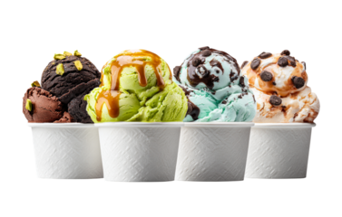 colorful scoops of ice cream in white cups isolated on transparent background