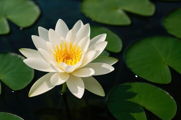 Detailed shot of a water lily blossom floating on a pond surface