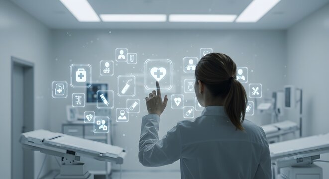 Doctor Interacting with Medical Icons in Modern Operating Room