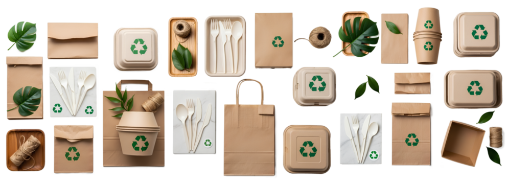 Eco-Friendly Packaging and Disposable Cutlery Set - Top View PNG cut out 