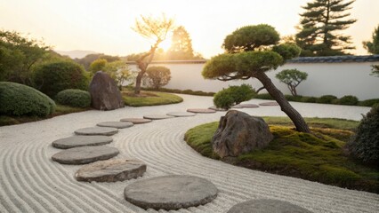 A serene japanese zen garden with raked sand stepping stones and sculpted trees at sunset