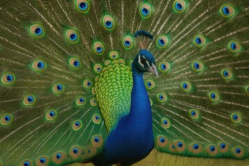 Detailed view of a peacock showcasing its vibrant plumage