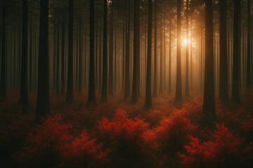 Fototapeta premium Sunlit dawn over a dense pine woodland with crimson shrubs