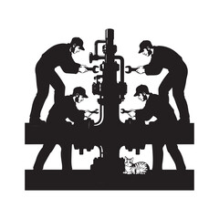 Four mechanics working together on industrial machinery with a cat observing