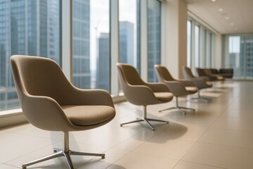 Detailed view of contemporary office seating and reception area with a blurred background