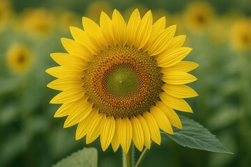 Fototapeta premium Detailed shot of a vibrant sunflower in a lush field. Sunflower seeds support heart health. Sunflower oil enhances skin vitality.