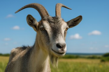 Obraz premium Detailed shot of a horned goat in its natural environment with a clear sky backdrop