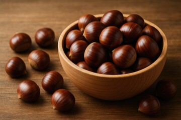 Obraz premium Wooden bowl filled with chestnuts