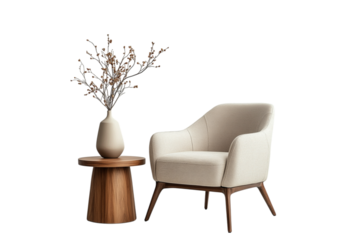 armchair with wooden side table isolated on transparent background 