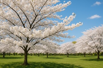 A park adorned with vibrant cherry blossom trees in peak bloom